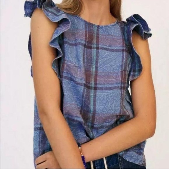 By Anthropologie Amarette Plaid Ruffled Sleeve Boho 100% CottonTop - Picture 3 of 13